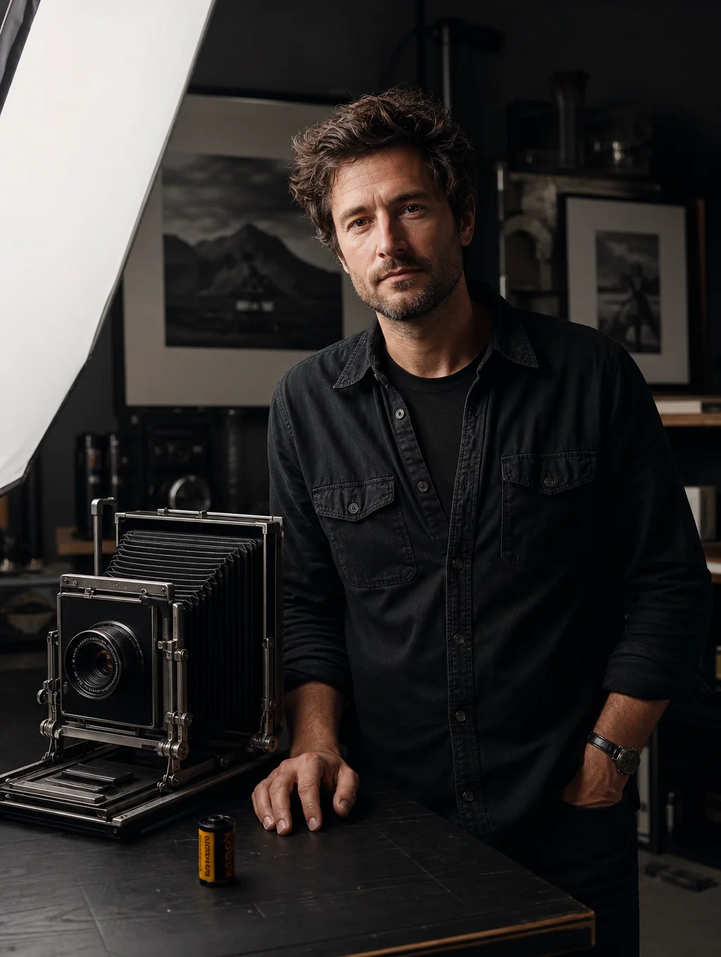 Photographer reviewing high-resolution landscape proofs on a light table