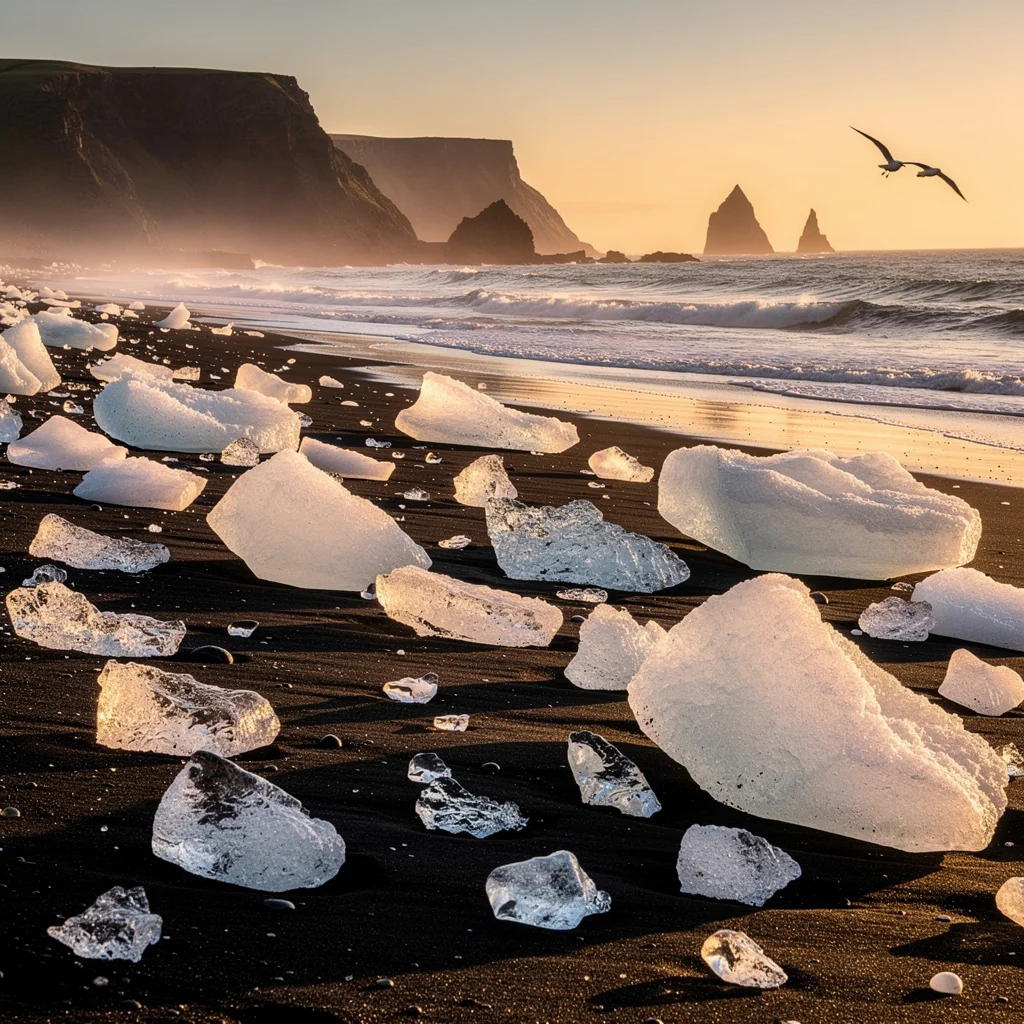 Crystalline ice on black sand beach