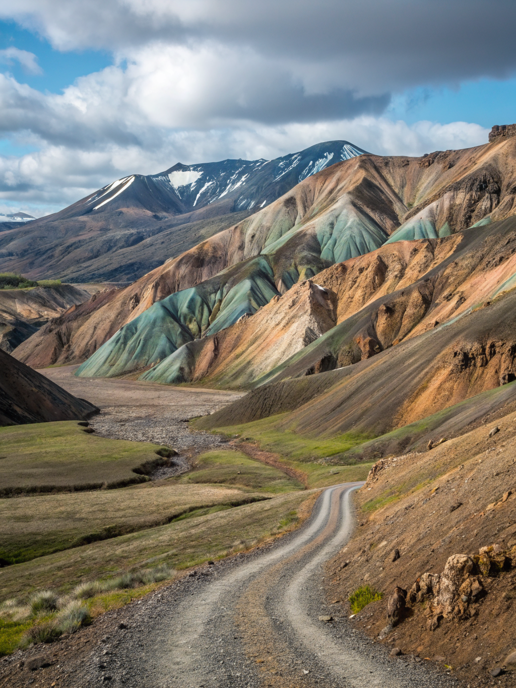 Colorful rhyolite mountains shrouded in volcanic fog