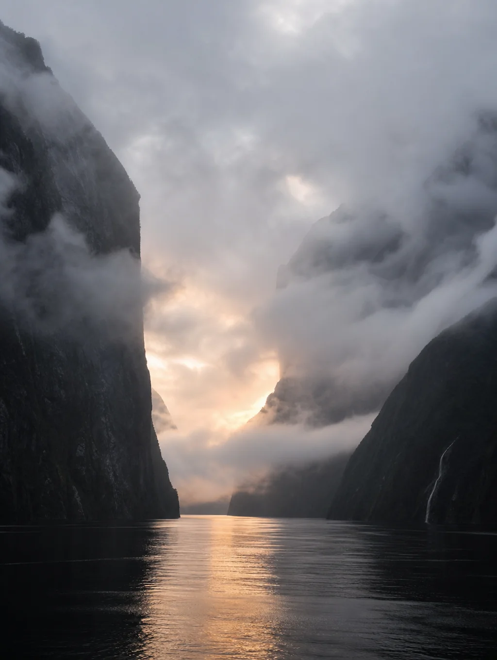 Dramatic mist rising from deep fjord waters at dawn