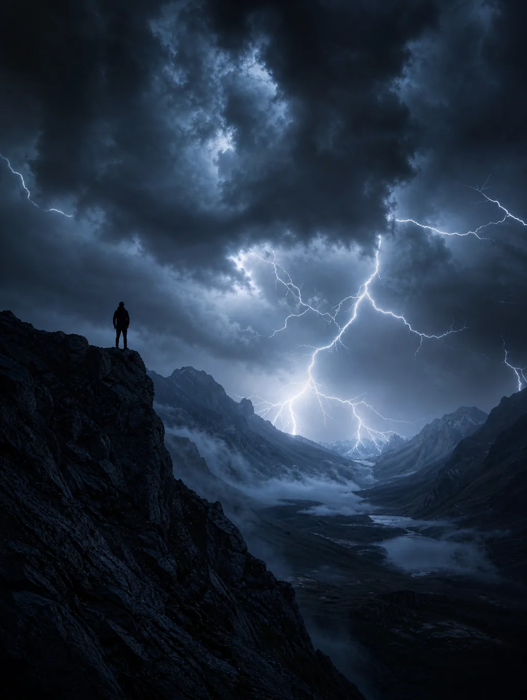 Vertical needle spire in storm